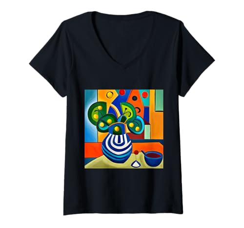Damen Abstrakte Blumen in Blauer und weißer Vase nach Joan Miró T-Shirt mit V-Ausschnitt von vickybragomitchell