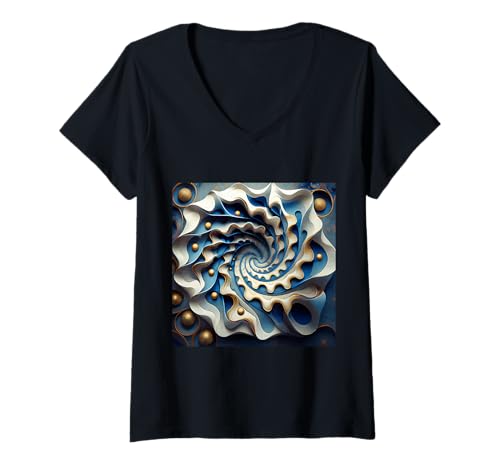 Damen Abstrakte geometrische Fibonacci-Spiralkunst in Blau, Weißgold T-Shirt mit V-Ausschnitt von vickybragomitchell