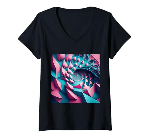 Damen Abstrakte geometrische Fibonacci-Spiralkunst in Blau und Rosa T-Shirt mit V-Ausschnitt von vickybragomitchell