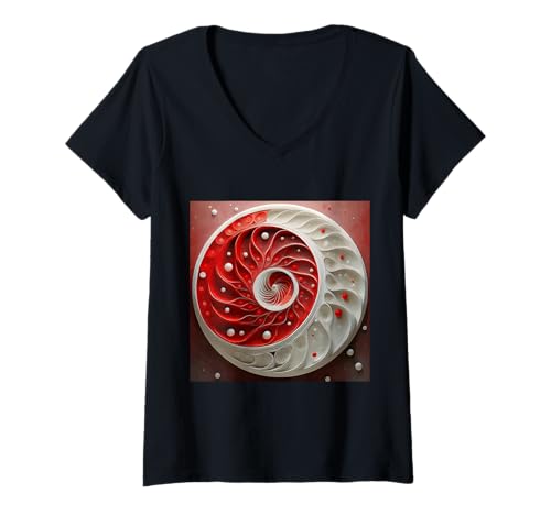 Damen Geometrische Fibonacci-Spiralkunst, Rot und Weiß T-Shirt mit V-Ausschnitt Damen Geometrische Fibonacci-Spiralkunst, Rot und Weiß T-Shirt mit V-Ausschnitt von vickybragomitchell