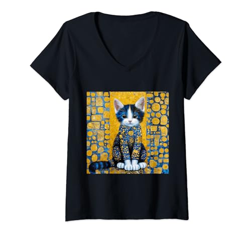 Damen Gustav Klimt Style Junge Katze oder Kätzchen mit blaugoldenem Kleid T-Shirt mit V-Ausschnitt Damen Gustav Klimt Style Junge Katze oder Kätzchen mit blaugoldenem Kleid T-Shirt mit V-Ausschnitt von vickybragomitchell