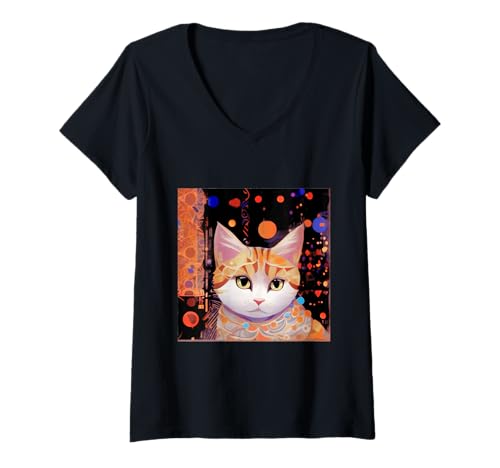 Damen Katze mit geometrischen Formen nach Klimt T-Shirt mit V-Ausschnitt von vickybragomitchell