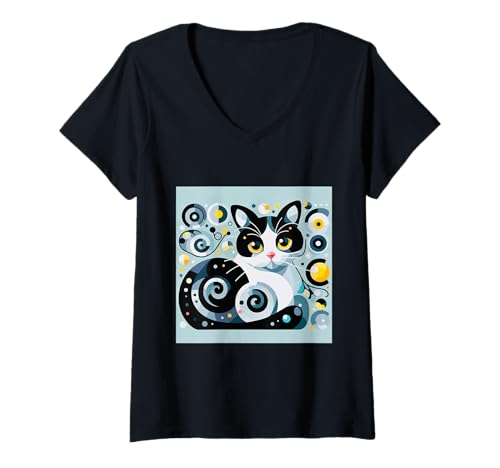 Damen Katze mit geometrischen Mustern nach Klimt T-Shirt mit V-Ausschnitt von vickybragomitchell