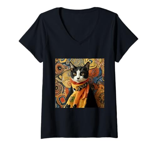 Damen Klimt Katze mit geometrischem Hintergrund T-Shirt mit V-Ausschnitt von vickybragomitchell
