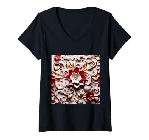Damen Rote Blume mit Fibonacci und Fraktal T-Shirt mit V-Ausschnitt von vickybragomitchell