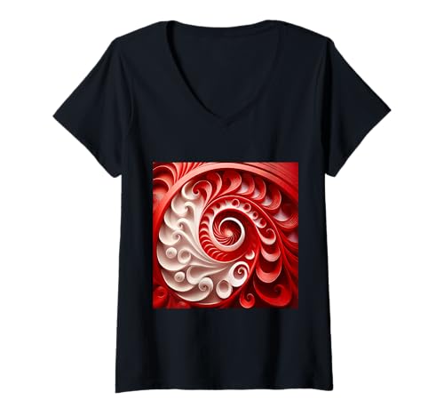 Damen Rote und weiße Fibonacci-Spirale abstrakte Kunst T-Shirt mit V-Ausschnitt von vickybragomitchell