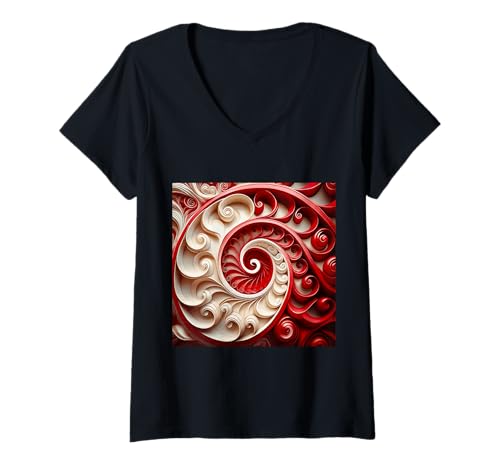 Damen Rote und weiße Fibonacci-Spirale abstrakte Kunst T-Shirt mit V-Ausschnitt von vickybragomitchell