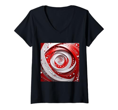 Damen Rote und weiße Fibonacci-Spiralkunst T-Shirt mit V-Ausschnitt von vickybragomitchell