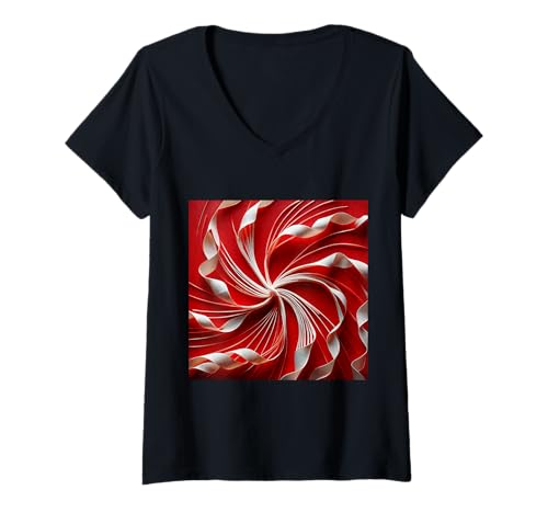 Damen Rote und weiße Fibonacci-Spiralkunst T-Shirt mit V-Ausschnitt von vickybragomitchell