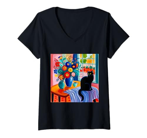 Damen Schwarze Katze mit abstrakten Blumen in Einer blauen Vase T-Shirt mit V-Ausschnitt von vickybragomitchell