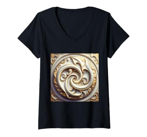 Damen Weißes und goldenes Fibonacci-Spiral-Kunstwerk T-Shirt mit V-Ausschnitt von vickybragomitchell