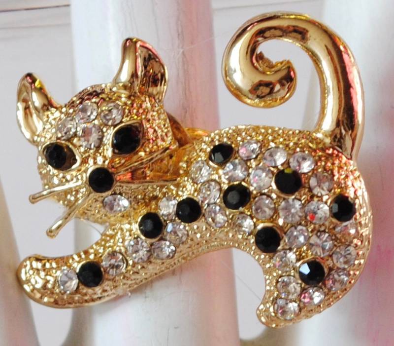 Gold Katze Ring Schwarz & Klare Strasssteine Haustier Schmuck Verstellbarer von victoriascharms