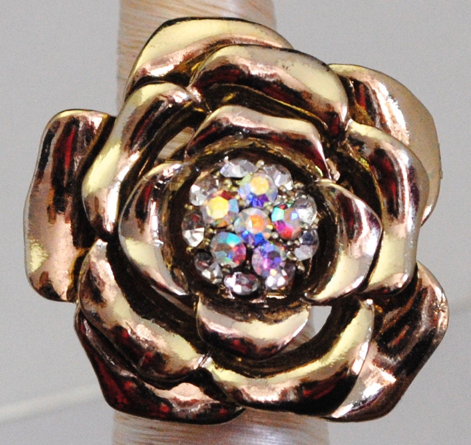 Gold Rose Ring, Ab Strassstein-Cocktailring, Verstellbares Band von victoriascharms