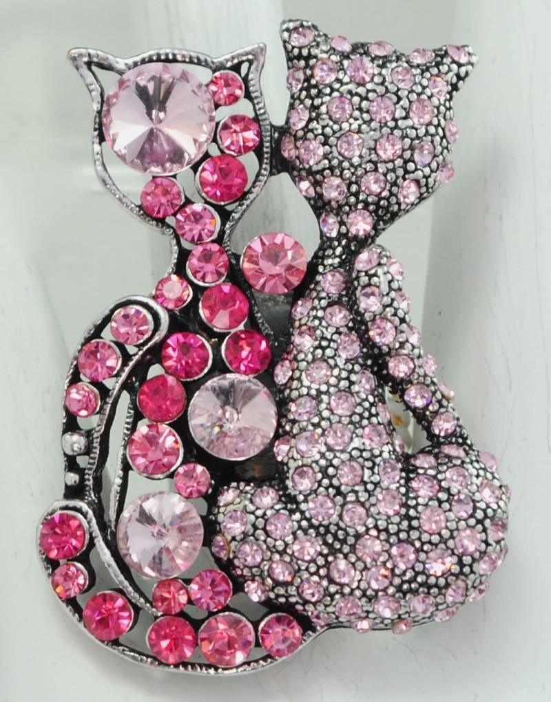 Rosa Strass Doppel Katzen Ring, Verstellbar Silberfarben von victoriascharms