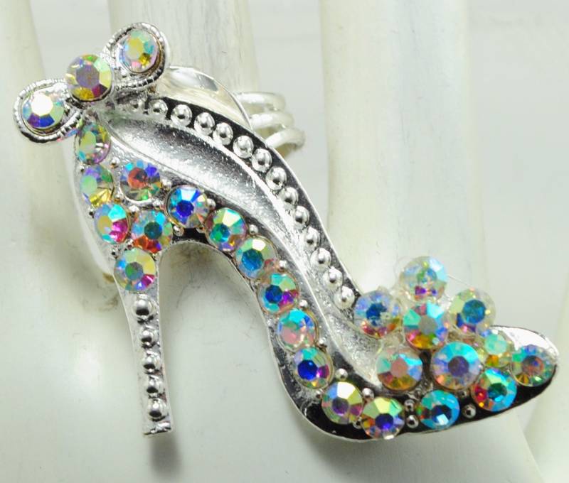 High Heel Ring, Aurora Borealis Strasssteine, Einstellbar Silberfarben von victoriascharms
