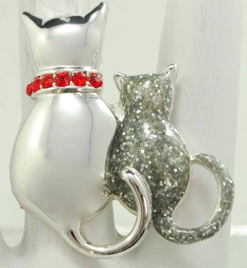 Silber Katze & Kätzchen Ring, Strass Detail, Verstellbares Band von victoriascharms