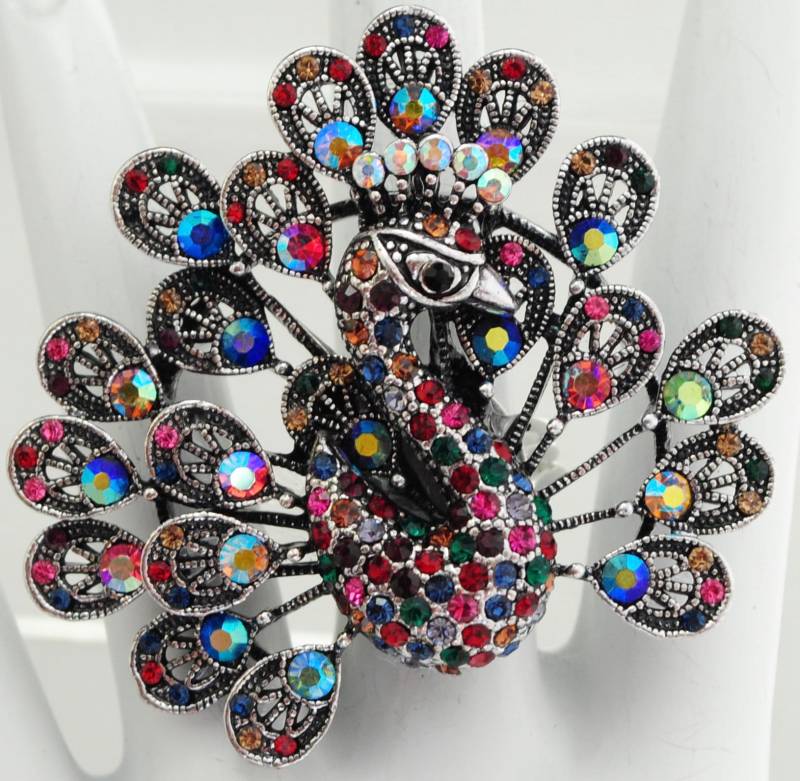 strass Pfau Ring Multicolor Aurora Borealis, Verstellbare Silberplatte von victoriascharms