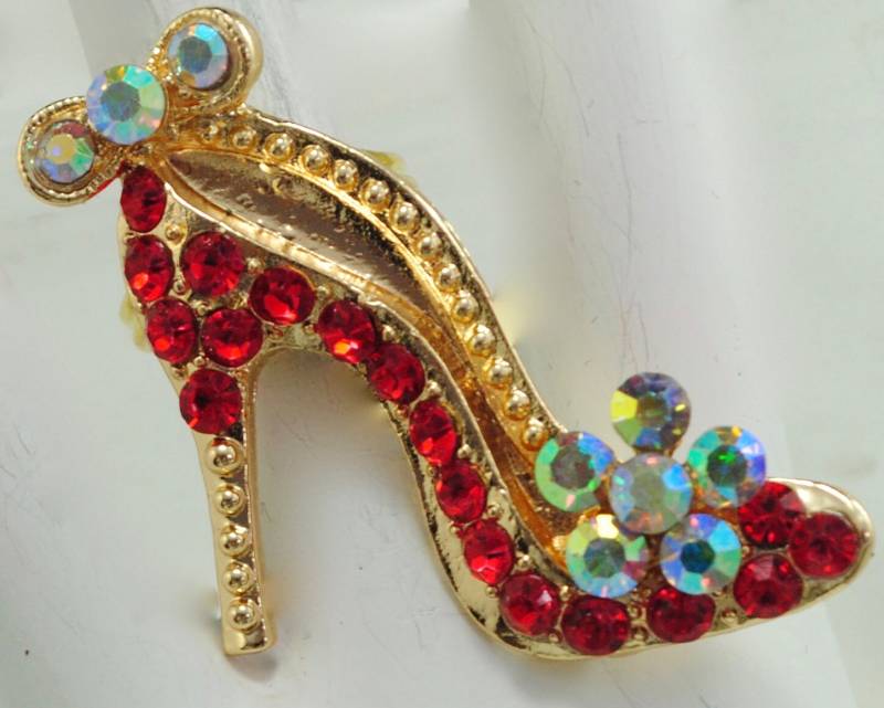 Roter Rhinestone-High Heel Ring Mit Aurora Borealis Steinen Geschenk Für Frauen-Verstellbarer von victoriascharms