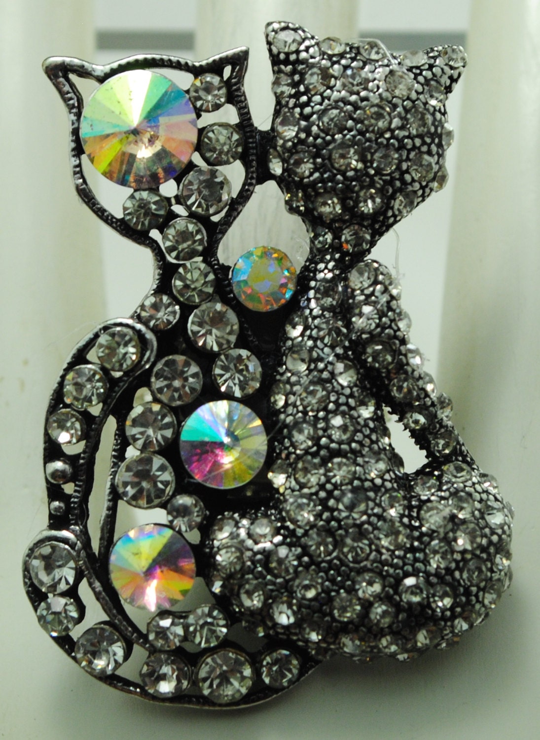 Silber Doppel Katzen Ring, Aurora Strass Haustier Schmuck, Einstellbar von victoriascharms