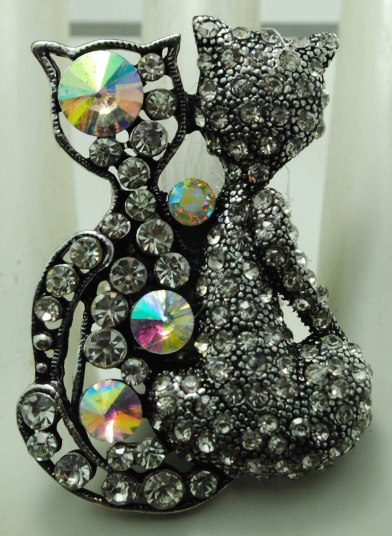 Silber Doppel Katzen Ring, Aurora Strass Haustier Schmuck, Einstellbar von victoriascharms