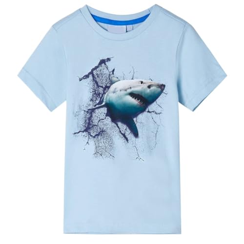 Kinder T-Shirt mit Hai-Aufdruck Rundhalsausschnitt Kurzarmshirt Hellblau 116 von vidaXL