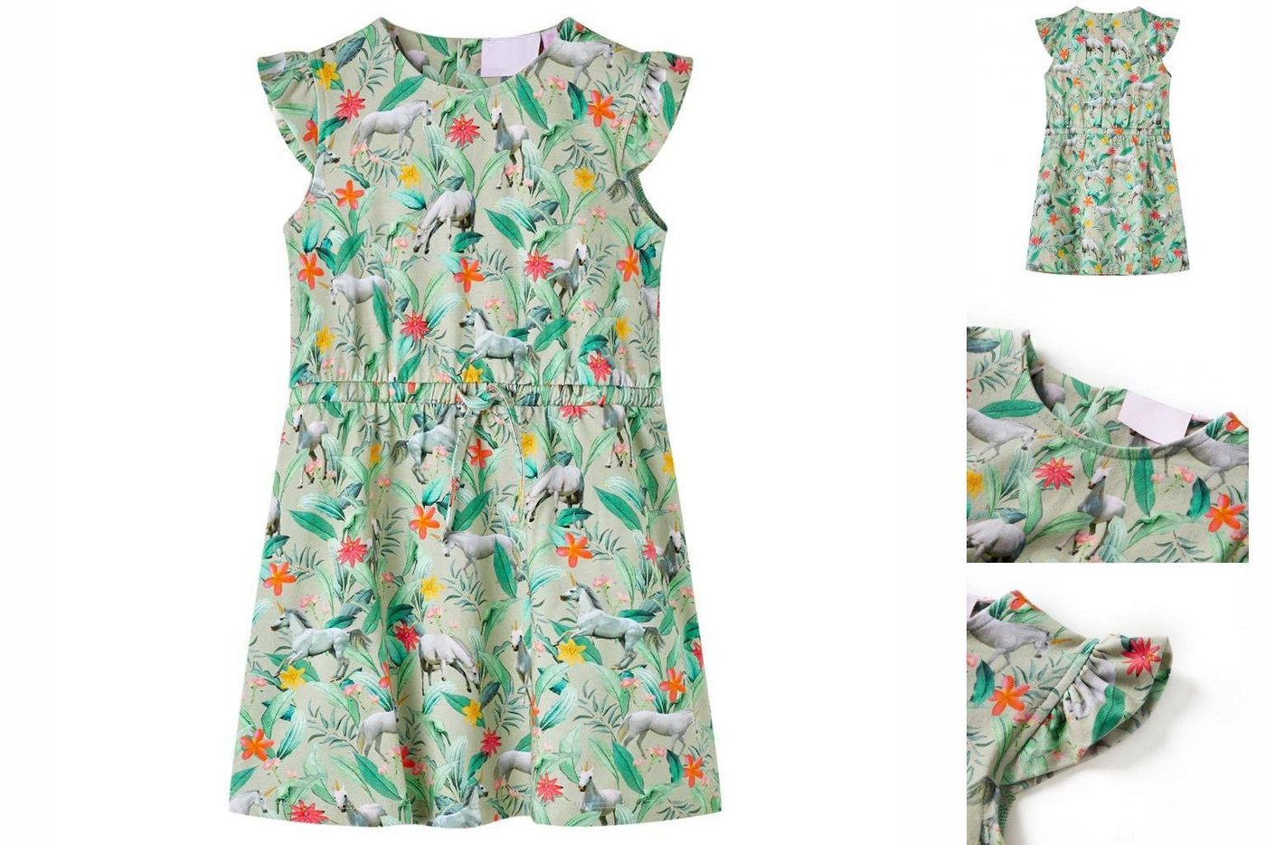 vidaXL A-Linien-Kleid Kinderkleid mit Flügelärmeln Einhorn- und Pflanzen-Motiv Hellkhaki 116 von vidaXL