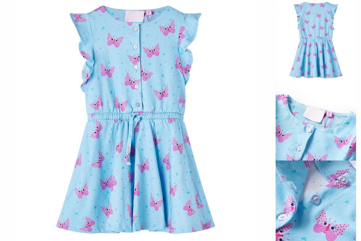 vidaXL A-Linien-Kleid Kinderkleid mit Knöpfen Ärmellos Schmetterling-Muster Blau 128 Kurz von vidaXL