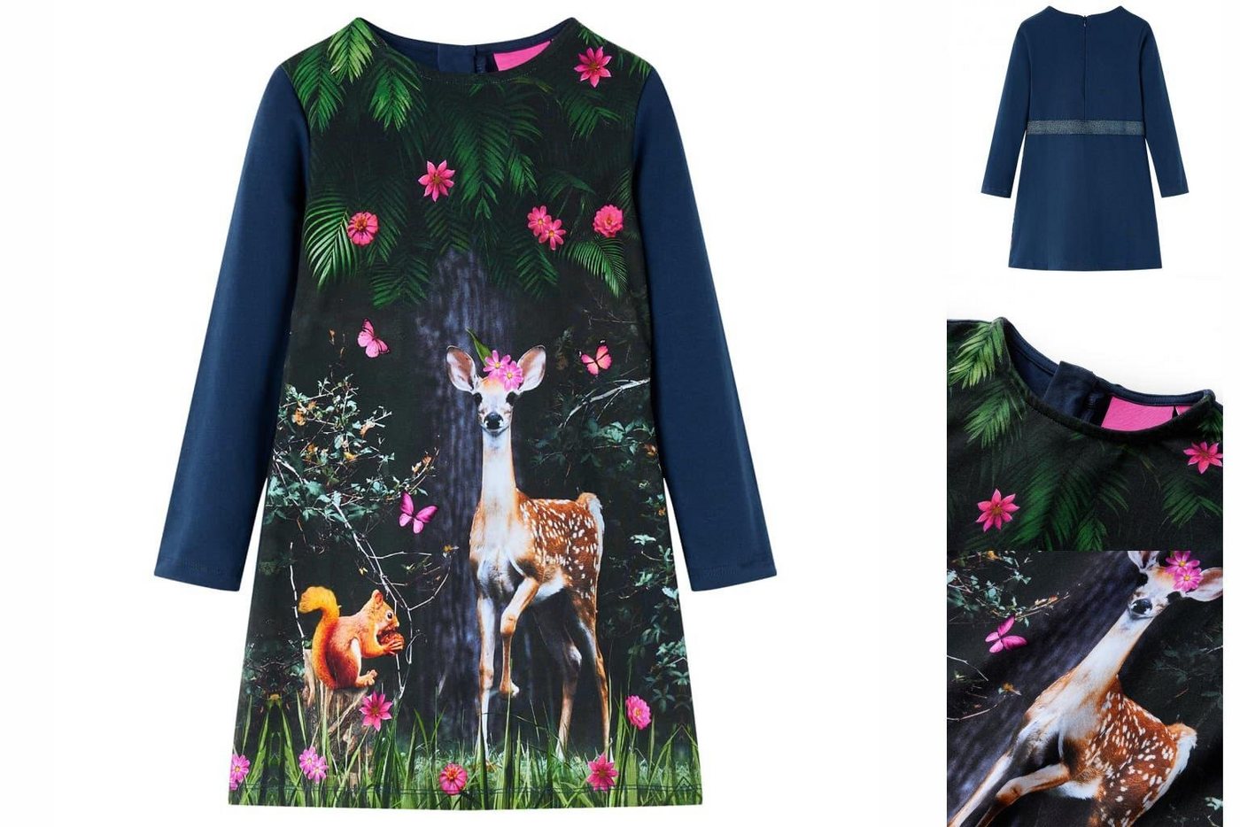 vidaXL A-Linien-Kleid Kinderkleid mit Langen Ärmeln Hirsch-Aufdruck Marineblau 116 Kurz von vidaXL