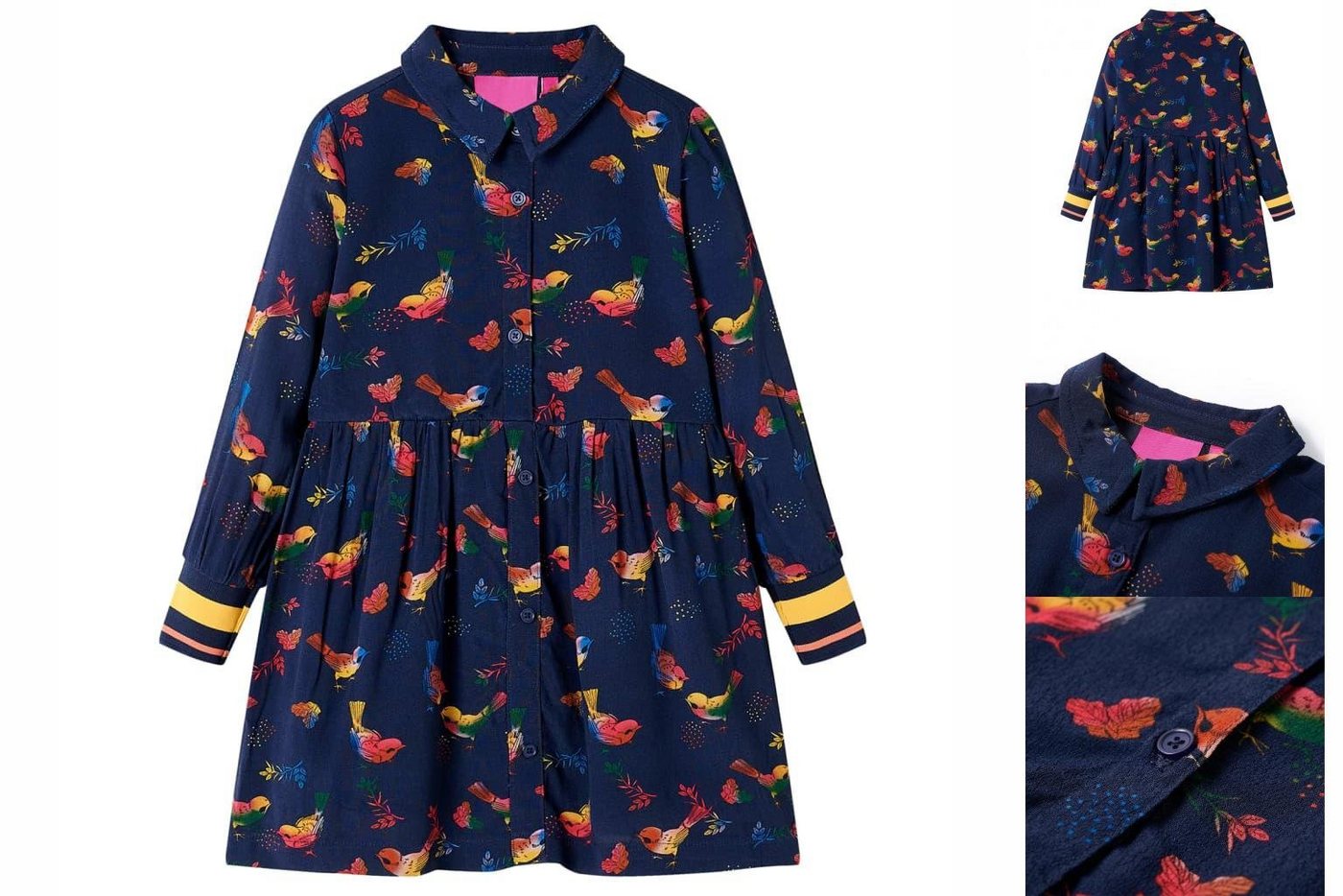 vidaXL A-Linien-Kleid Kinderkleid mit Langen Ärmeln Vogel-Motiv Marineblau 128 von vidaXL