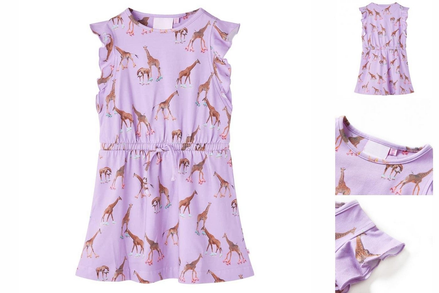 vidaXL A-Linien-Kleid Kinderkleid mit Rüschenärmeln und Taillenband Giraffen-Motiv Lila 92 von vidaXL