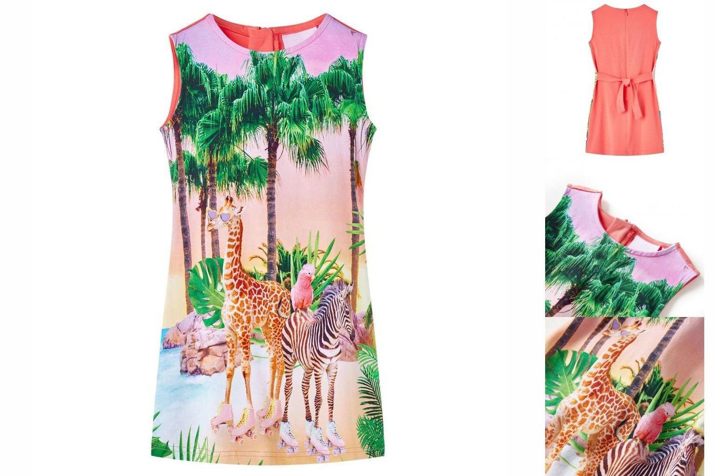 vidaXL A-Linien-Kleid Kinderkleid mit Tropischer Landschaft und Tieren Korallenrosa 92 von vidaXL