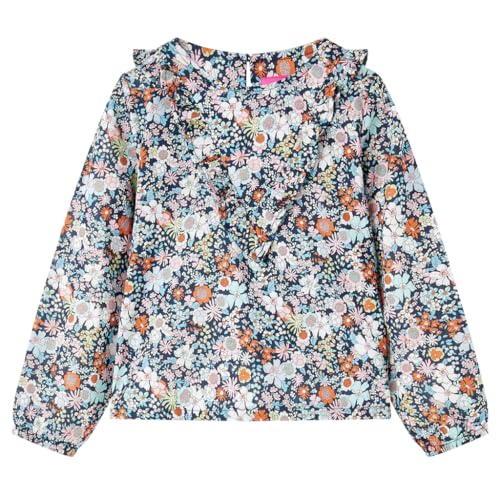 vidaXL Kinder Langarmbluse mit Blumenmuster Rüschen Langarmshirt Bluse Dunkelblau 104 von vidaXL