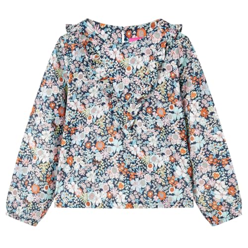 vidaXL Kinder Langarmbluse mit Blumenmuster Rüschen Langarmshirt Bluse Dunkelblau 116 von vidaXL