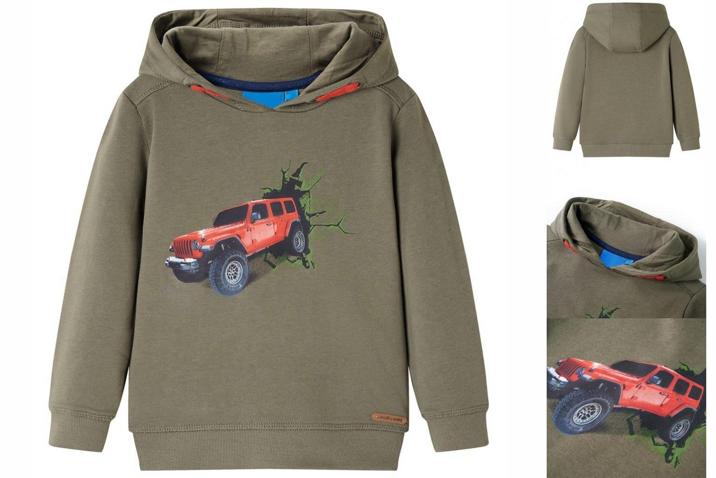 vidaXL Strickpullover Kinder-Kapuzenpullover mit Geländewagen-Aufdruck Khaki 140 von vidaXL