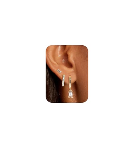 VIDONIO 3 Paar Ohrringe Silber 925 Für Damen, 14K Vergoldet Hypoallergen Ohrringe Set Stapelbar AAA+ Zirkonia Ohrstecker Schlafen Knorpel,Creolen Gold Für Mehrere Piercings Damen Schmuck von vidonio