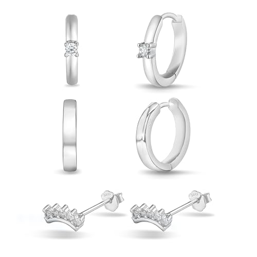 VIDONIO 3 Paar Ohrringe Silber 925 Set für Damen - Ohrringe Gold Kleine Creolen Ohrstecker Hypoallergen 14K Vergoldet Zirkonia Stapelbar Wasserdicht, Knorpel Schmuck für Mehrere Piercings von vidonio