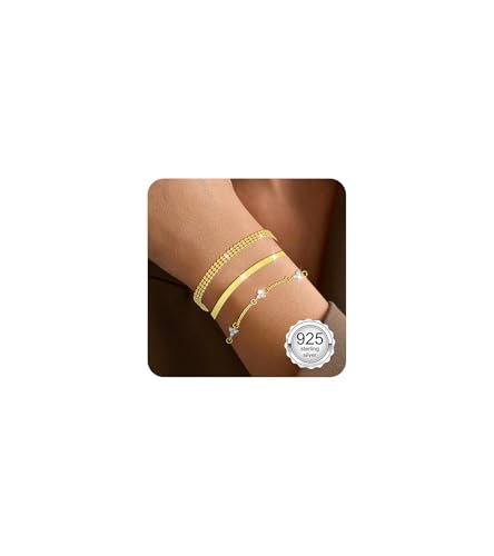 VIDONIO 3 Stück Armband Damen,14 Karat Vergoldet Armbänder Verstellbare Armband Gold Set Stapelbare Twist Schlange Armkette Charm Verstellbar Armbänder Damen mit CZ Schmuck Geschenk für Mädchen Frauen von vidonio