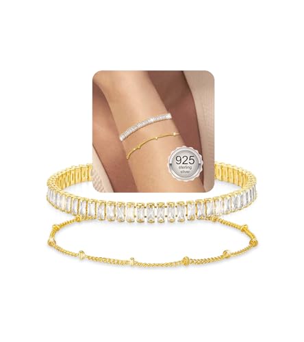 vidonio 2 Stück Armband Damen, Verstellbare Armband Gold Set 14K Vergoldet Charm Armbänder Verstellbar Zirkonia Tennis Armbänder Damen Stapelbare Diamant Armkette Schmuck Geschenk für Mädchen Frauen von vidonio