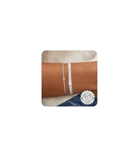 vidonio 2 Stück Armband Damen,Stapelbare Armband Silber 925 Damen Verstellbare Zirkonia Tennis Armbander Set Diamant Armkette Verstellbar Büroklammer Fischgräten Armbänder Schmuck Geschenk für Frauen von vidonio