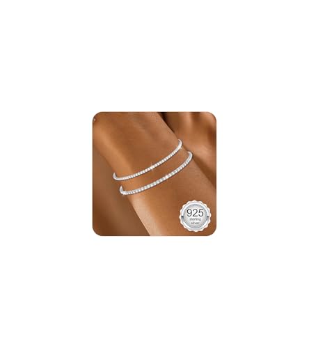 vidonio 2 Stück Armband Damen,Stapelbare Armband Silber 925 Damen Verstellbare Zirkonia Tennis Armbander Set Diamant Armkette Verstellbar Büroklammer Fischgräten Armbänder Schmuck Geschenk für Frauen von vidonio
