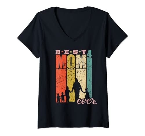 Damen Best Mom Ever vierfache Mama Mutter mit 4 Kinder T-Shirt mit V-Ausschnitt Damen Best Mom Ever vierfache Mama Mutter mit 4 Kinder T-Shirt mit V-Ausschnitt von vier Kinder Mama Geschenk Muttertag Familie