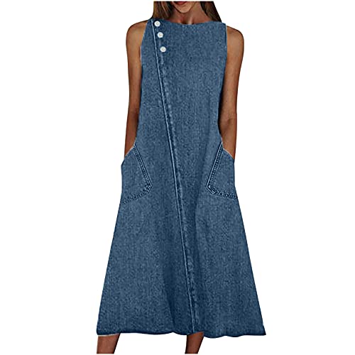 Sommerkleid Damen Lang ärmellos Jeanskleid O-Ausschnitt Knopf Einfarbig Denim Mode Maxikleid Freizeitkleider mit Taschen Frauen Casual Luftige Strandkleider Sexy Off Shoulder Kleider Partykleid von vijTIAN difine