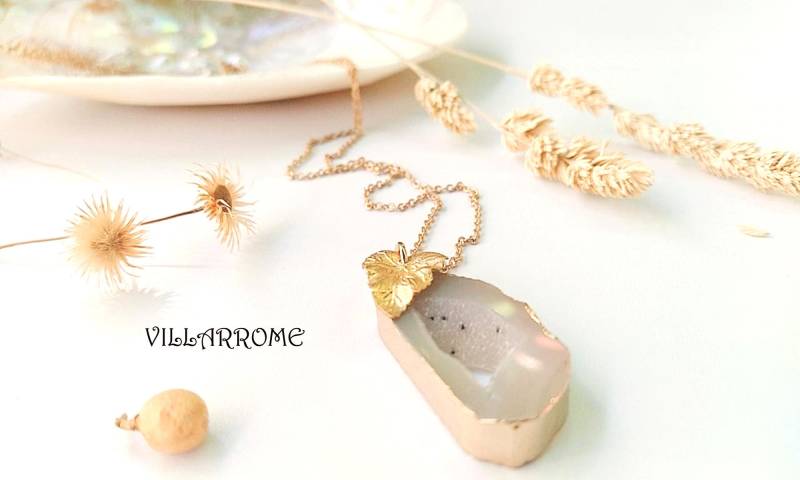 Graue Druzy Achat Halskette Blattgold, Art Deco Boho Schmuck von villarrome