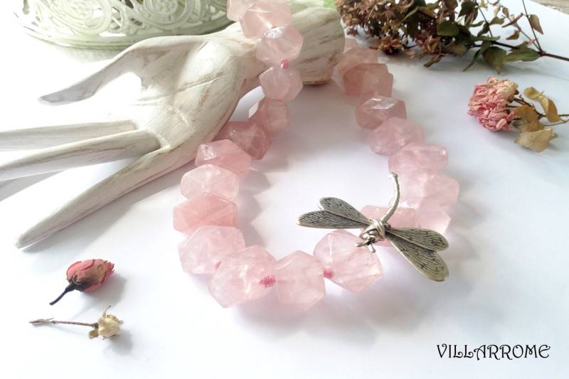 Rosenquarz Halskette, Silber Libelle, Boho Schmuck von villarrome