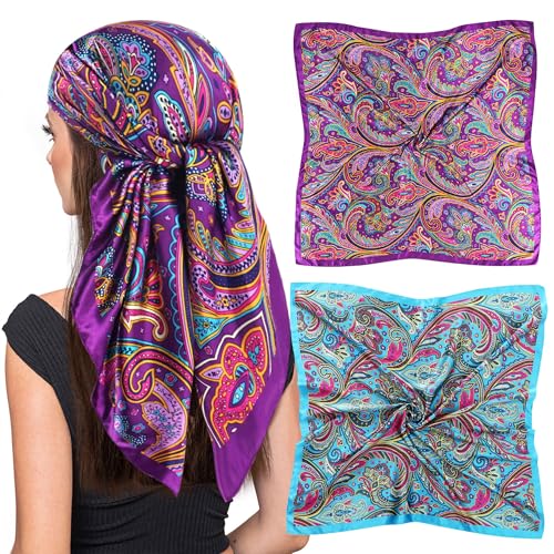 Paisley Satin Scarves-womens 35 Square Purple Blue Paisley Pattern Silk Like Head Scarfs for Hair Wrapping at Night(2 Pack-R) von vimate