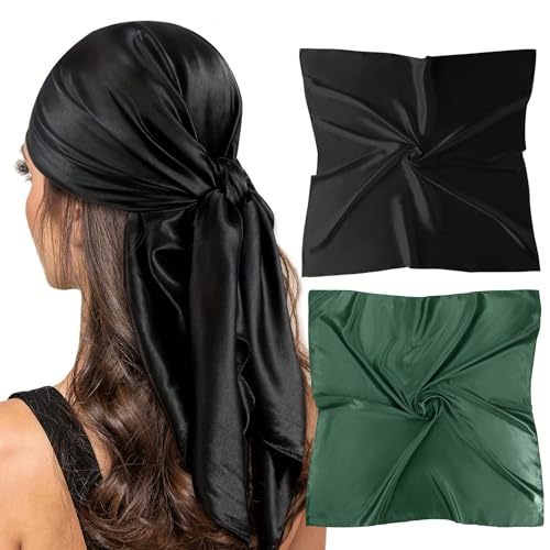 Satin Head Scarf for Women-35 x 35 Square Silk Scarf for Hair wrapping Dark Green Bandanas Neck Scarfs (2 Pack-Black+Dark Green) von vimate