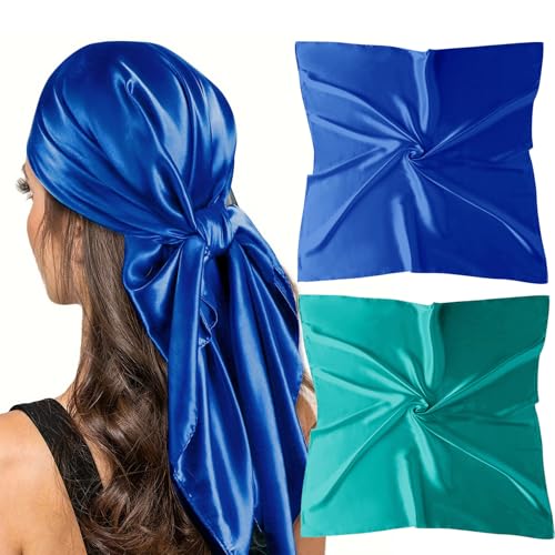 Silk Scarf for Women-35 Inch Square Blue Satin Head Scarf for Hair Wrapping at Night Black Silk Neck Scarfs(2 Pack-Royal Blue+Teal) von vimate