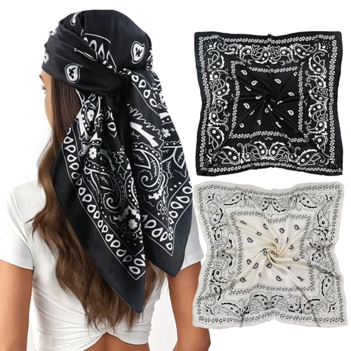 vimate Bandanas Schals-2 Pcs 90x90 Quadratisch Klassisch Schwarz Weiß Paisley Muster Sei Wie Kopftücher für Damen Haar (2 Pack-C) von vimate