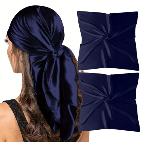 vimate Kopftuch für Damen -35 X 35 Inch Square Navy Blue Satin Halstuch Silk Like Hair Scarf für Wrapping in r Nacht (2 Pack-Navy) von vimate