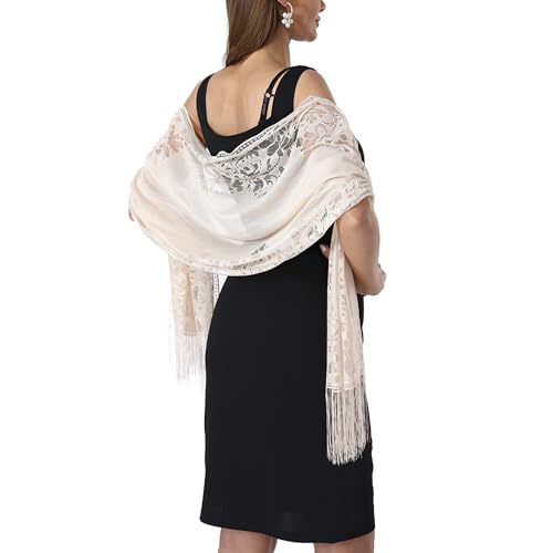 vimate Lace Floral Schalsfür Frauen-Frühling Lightweight Beige Fransen Schals und Wraps für Hochzeiten Brautjungfer Abendkleider (DE-Style 1-Beige) von vimate